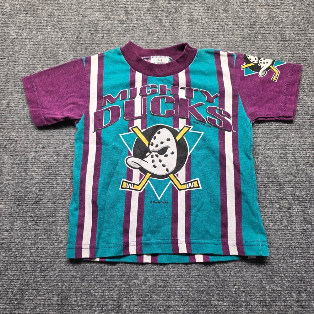Vintage 1993 Mighty Ducks Anaheim Toddler T-Shirt Teal Purple Stripe NHL 3T